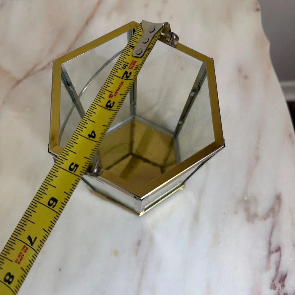 Gold Hexagon Glass Lantern Candle Holder Hanging Decorative Centerpiece 8.5in